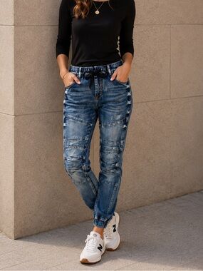 Jeanology Moto Skinny Jeans Drawstring Waist Stretch Denim Jogger Cuff Size 28